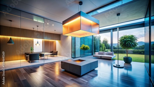 Modern Architectural Photography of a Minimalist Room Featuring a Floating Cube Element, Showcasing Innovative Design and Aesthetic Appeal in Contemporary Spaces