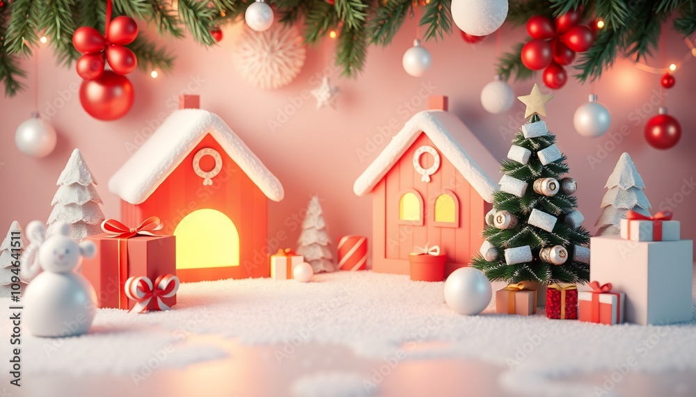 Winter wonderland with two red houses, a Christmas tree, snowman, and presents. Winter wonderland with two red houses, a Christmas tree, snowman, and presents.