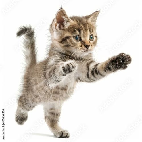 Adorable tabby kitten jumping and playing, extending its paws towards something unseen against a clean white backdrop