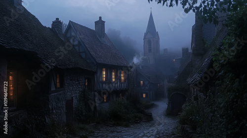 Gothic Village in Evening Fog