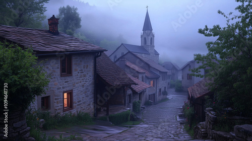 Misty Village Church at Dusk photo