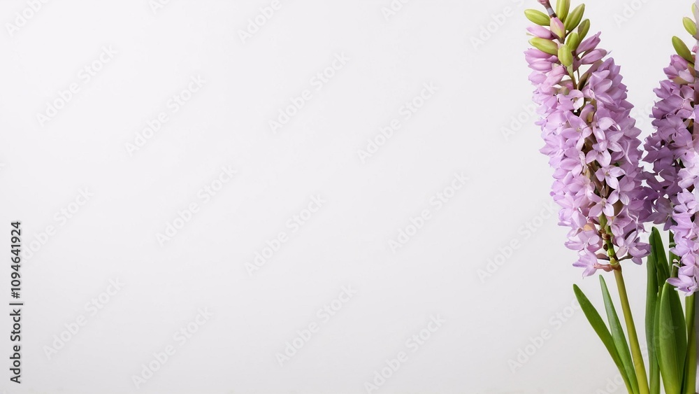 A bouquet of purple hyacinths with green stems is displayed against a white background. A bouquet of purple hyacinths with green stems is displayed against a white background.