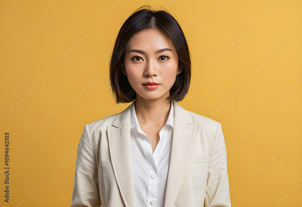 Portrait of Strong Independent Confident Asian American Business Woman in Formalear Against Orange or Yellow Background Portrait of Strong Independent Confident Asian American Business Woman in Formalear Against Orange or Yellow Background