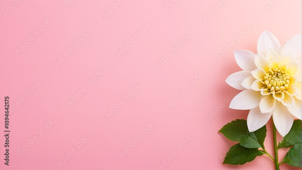 A white and yellow dahlia flower with green leaves is placed on a pink background, with a blank space to the left.