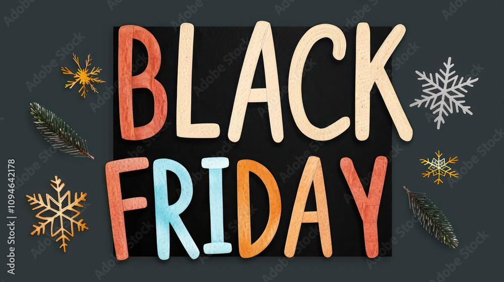 Naklejka premium Colorful Black Friday Text with Decorative Elements on Dark Background Featuring Snowflakes, Pine Leaves, and Festive Accents for Holiday Promotions and Sales