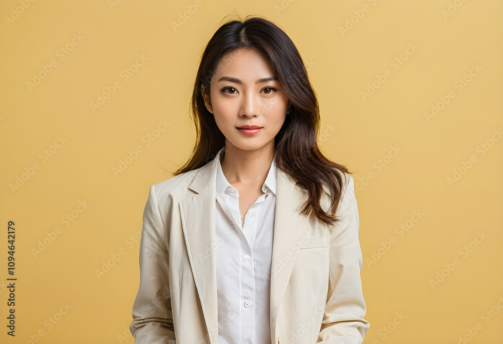 Portrait of Strong Independent Confident Asian American Business Woman in Formalear Against Orange or Yellow Background Portrait of Strong Independent Confident Asian American Business Woman in Formalear Against Orange or Yellow Background