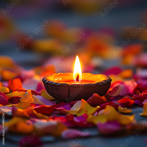 glowing diya surrounded by vibrant flower petals creates serene atmosphere, perfect for celebrations and rituals. warm light enhances beauty of colorful petals photo