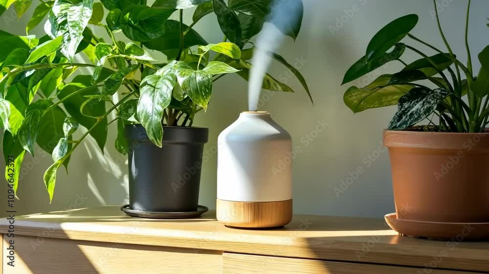 A white diffuser sits on a wooden table next to two potted plants