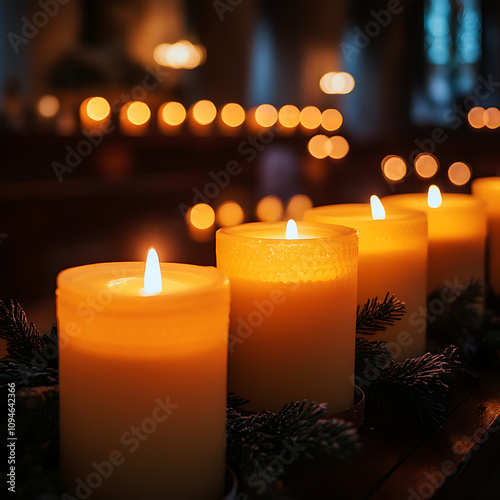 Glowing candles in serene setting create warm and inviting atmosphere. soft light enhances peaceful ambiance, perfect for relaxation or meditation photo