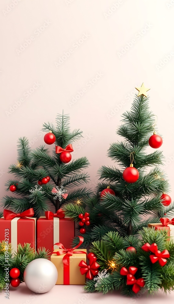 Two Christmas trees with presents and ornaments on pink background. Two Christmas trees with presents and ornaments on pink background.