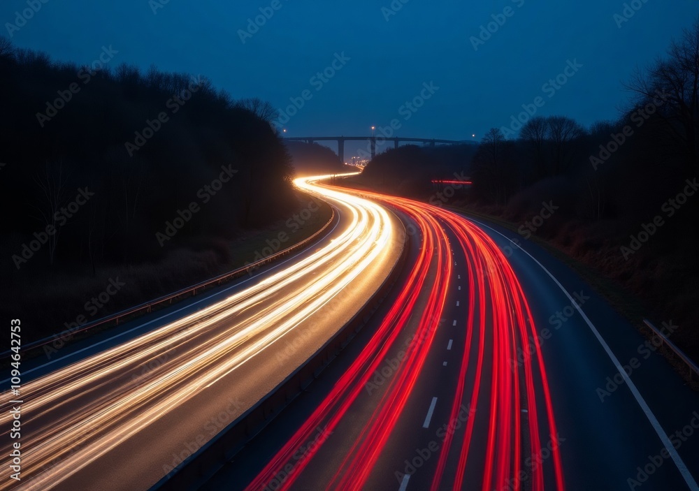 Long exposure light trails on a highway during twilight hours Long exposure light trails on a highway during twilight hours