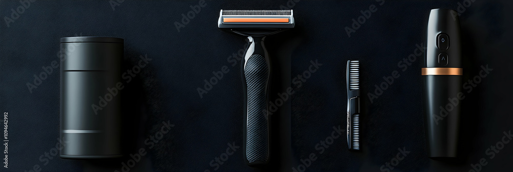 Fototapeta premium Stylish Black Men's Grooming Kit: Razor, Container, Comb, and Device, Elegantly Arranged on Dark Background