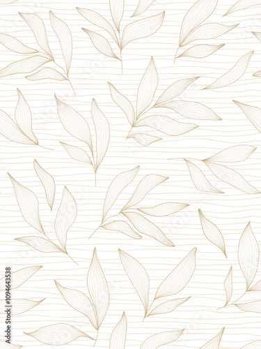 Seamless white and gold floral background with leaves. Hand drawn minimal abstract organic shapes pattern. Delicate vector white abstact pattern with gold leaves. photo