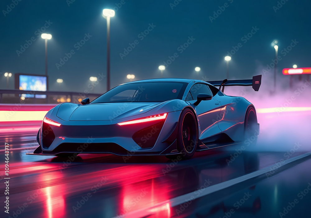 Naklejka premium High performance sports car racing on wet streets at twilight with dramatic lighting effects