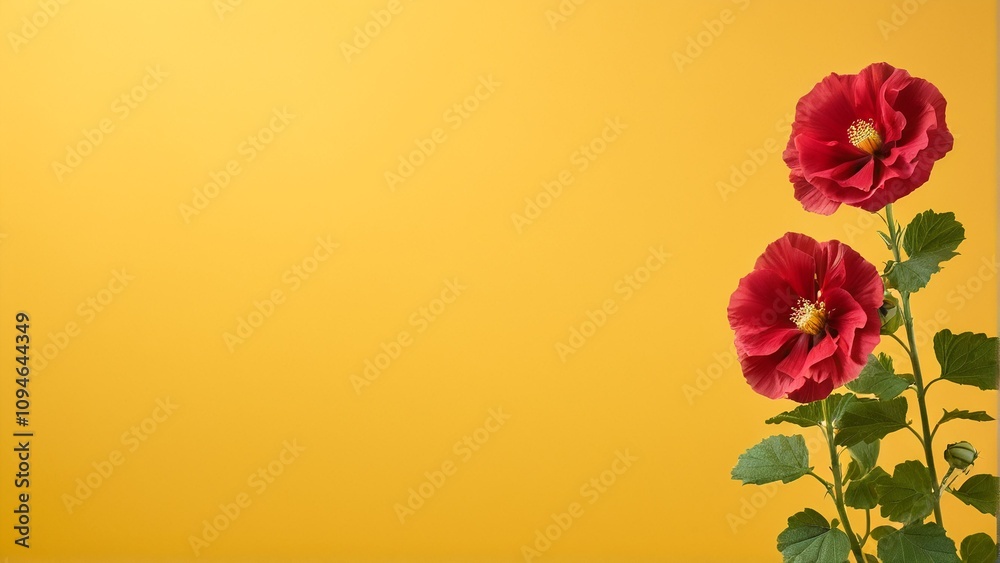 Naklejka premium Two red flowers with yellow centers stand against a yellow background, accompanied by green leaves.