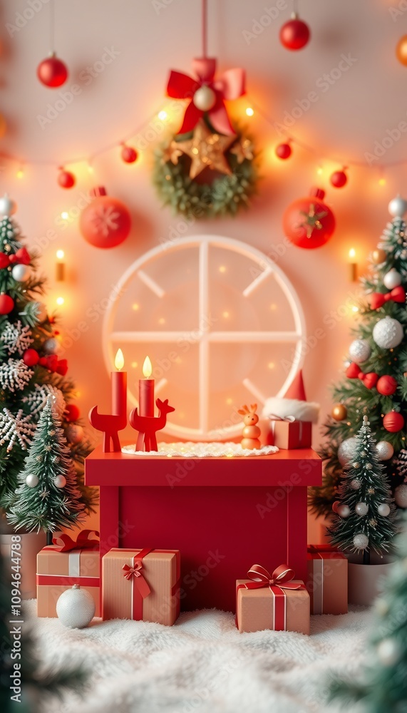 Red and white Christmas decor with gifts, snow and trees. Red and white Christmas decor with gifts, snow and trees.