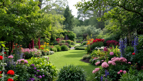 A picturesque garden path winds through a vibrant array of colorful flowers and lush green foliage, creating a stunning summer scene. The path is bordered with diverse plants and blooms, showcasing na