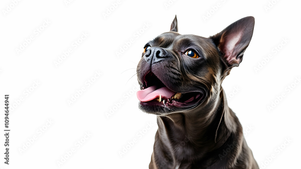 Closeup of a darkcoated French Bulldog, looking up with a happy expression, its tongue slightly out. The dog is isolated against a pure white background. Closeup of a darkcoated French Bulldog, looking up with a happy expression, its tongue slightly out. The dog is isolated against a pure white background.