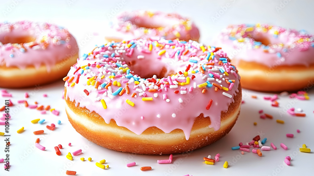 Pink Glazed Donuts with Colorful Sprinkles, Sweet Treat Photography Pink Glazed Donuts with Colorful Sprinkles, Sweet Treat Photography