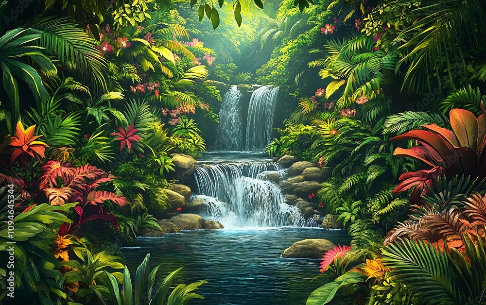 Obraz premium Lush tropical rainforest waterfall cascading into a serene pool, surrounded by vibrant foliage and flowers.