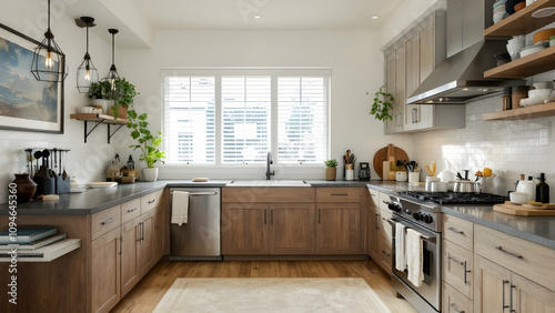 A bright kitchen with light wood cabinets, concrete countertops, stainless steel appliances, and farmhousestyle pendant lighting. Plants add a touch of nature. White subway tile backsplash. photo