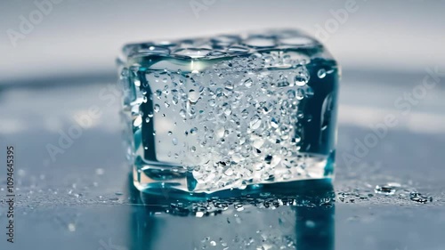 Melting ice cube on reflective surface in timelapse with closeup detail