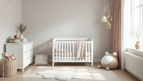 A minimalist baby girls nursery with a white crib, plush toys, a fluffy rug, and pastel decor. Neutral tones create a calming atmosphere.