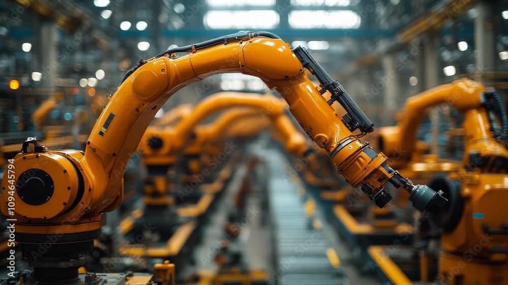 Industrial Robots on an Assembly Line in a Factory Industrial Robots on an Assembly Line in a Factory