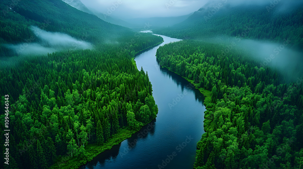 Aerial View of Serene River Winding Through Lush Green Forest, Mist-Shrouded Mountains in Background