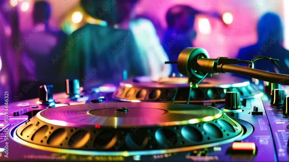 closeup of dj turntable in dance club with blurred neon lights and dancing people in the background