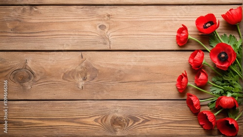 Red poppies on a wooden background.