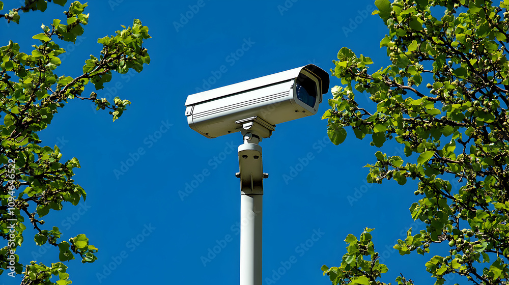 Outdoor Security Camera Mounted on a Pole, Surrounded by Lush Green Foliage Under a Clear Blue Sky Outdoor Security Camera Mounted on a Pole, Surrounded by Lush Green Foliage Under a Clear Blue Sky