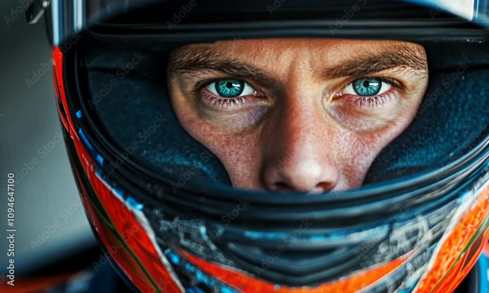 Close-up of a race car driver in a helmet. Close-up of a race car driver in a helmet.