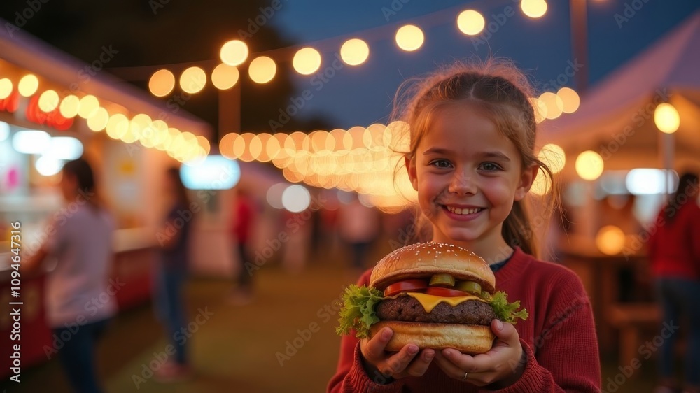 Smiling girl holding big juicy burger with filling at noisy open air festival, Smiling girl holding big juicy burger with filling at noisy open air festival,