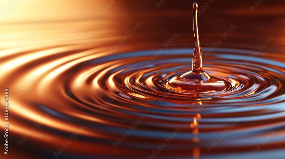 Golden liquid drop impacting surface, creating concentric ripples. Golden liquid drop impacting surface, creating concentric ripples.