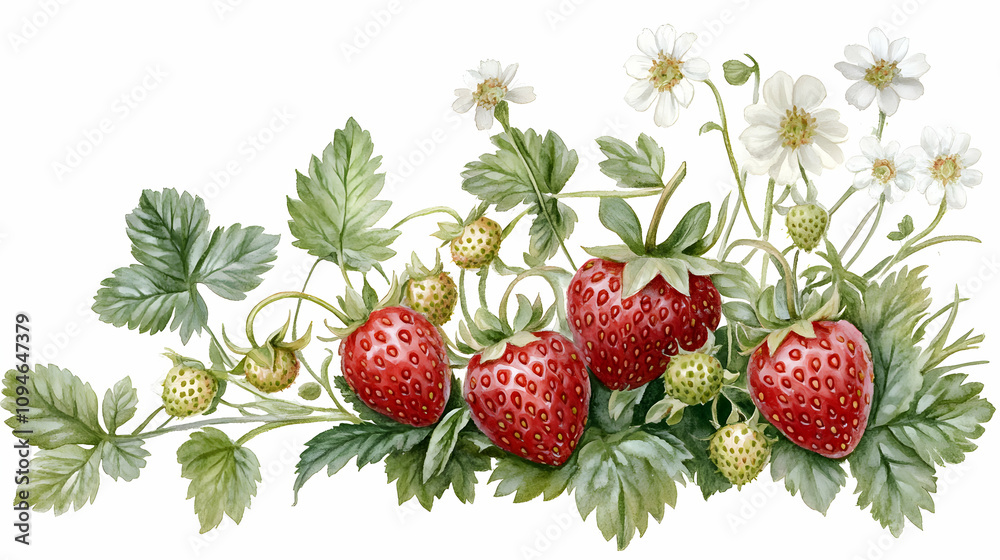Watercolor painting of ripe strawberries and daisies, arranged beautifully on white background. Watercolor painting of ripe strawberries and daisies, arranged beautifully on white background.