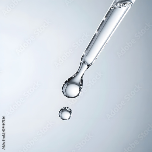 A close-up of a dropper releasing a droplet of clear liquid, showcasing the beauty and precision of fluid dynamics.