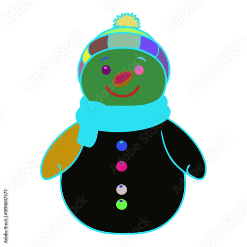 Snowman has a green face with pink eyes and a pink nose. He has a blue scarf around his neck. He is wearing a black dress with three buttons on it. The buttons are purple and green.