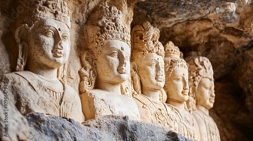 Serene Buddha Statues Carved into the Caves of Ajanta, India. AI Generated photo