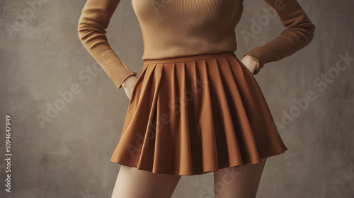 a woman wearing a brown pleated short skirt, Ai generated images photo