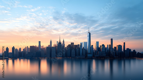 A stunning skyline at dusk, featuring iconic skyscrapers and a tranquil reflection on the water, showcasing the beauty of an urban landscape.