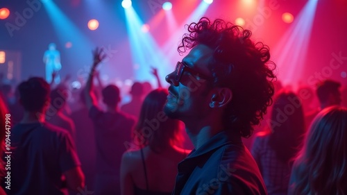 A man with curly hair and sunglasses dances energetically in a nightclub.