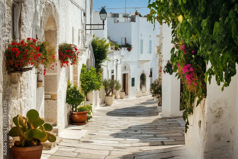 Naklejka premium Mediterranean village with white-washed buildings. Generative AI