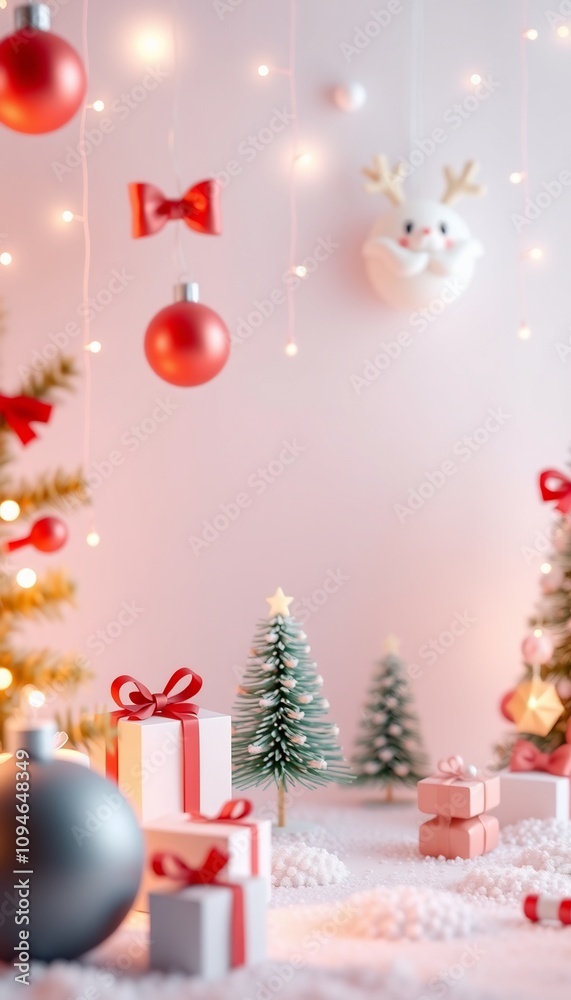 Christmas scene with mini trees, ornaments, gifts and lights. Christmas scene with mini trees, ornaments, gifts and lights.