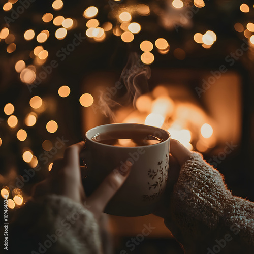 A cozy scene featuring hands holding a steaming cup of tea or coffee in front of a glowing fireplace, surrounded by warm, twinkling lights.