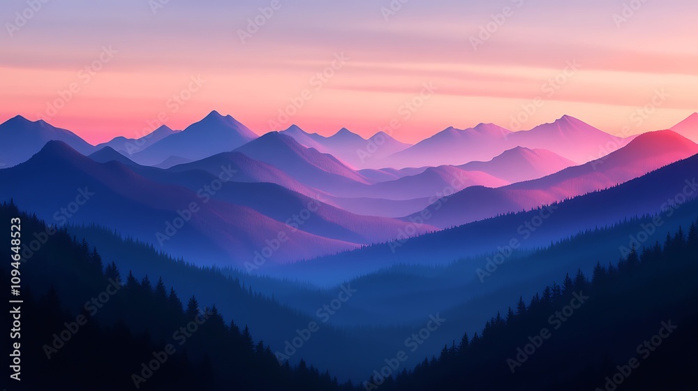 A panoramic shot of a tranquil mountain landscape as the sun sets, casting long shadows and warm colors across the peaks and foothills. A panoramic shot of a tranquil mountain landscape as the sun sets, casting long shadows and warm colors across the peaks and foothills.