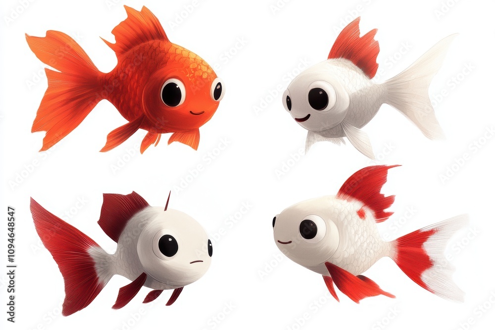 Fototapeta premium Four Different Cartoon Goldfish on White Background - Goldfish Varieties