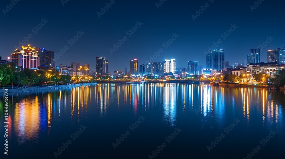A panoramic view of a city's iconic skyline at night, with shimmering lights reflecting on a nearby river. A panoramic view of a city's iconic skyline at night, with shimmering lights reflecting on a nearby river.
