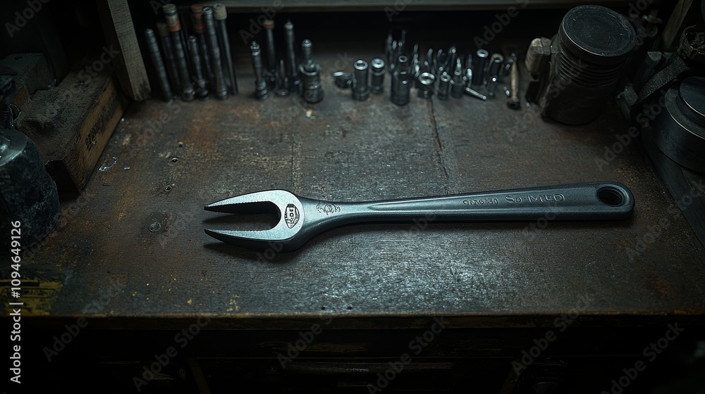 Fototapeta premium A Wrench on a Metal Workbench with Scattered Tools