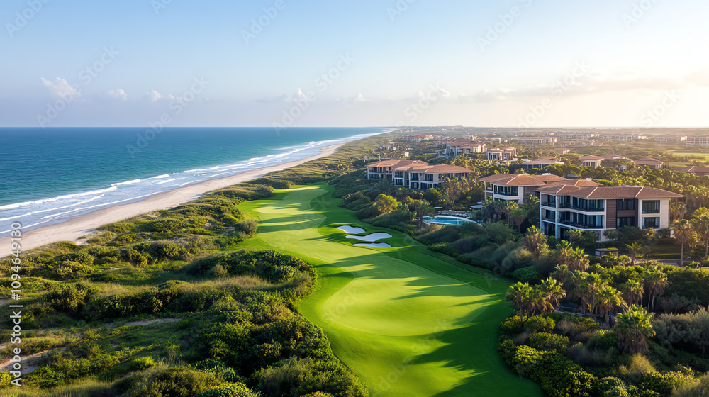 A stunning aerial view of a coastal golf course, featuring lush greens, sandy beaches, and elegant resort buildings under a clear sky. A stunning aerial view of a coastal golf course, featuring lush greens, sandy beaches, and elegant resort buildings under a clear sky.